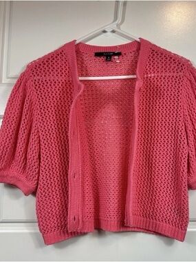 TOCCIN Woman’s Samantha Short Sleeve Crochet Knit Pink Cardigan
